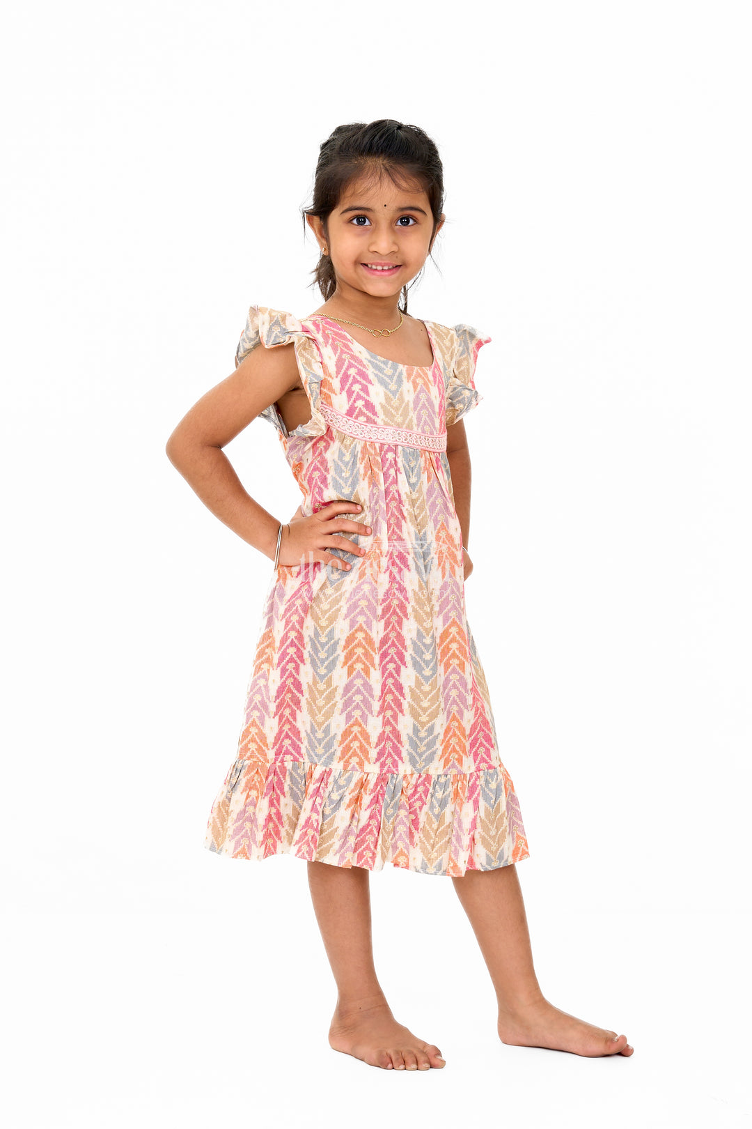 Elegant Girls Cotton Chikan Dress with Vibrant Chevron Print and Intricate Lace Details