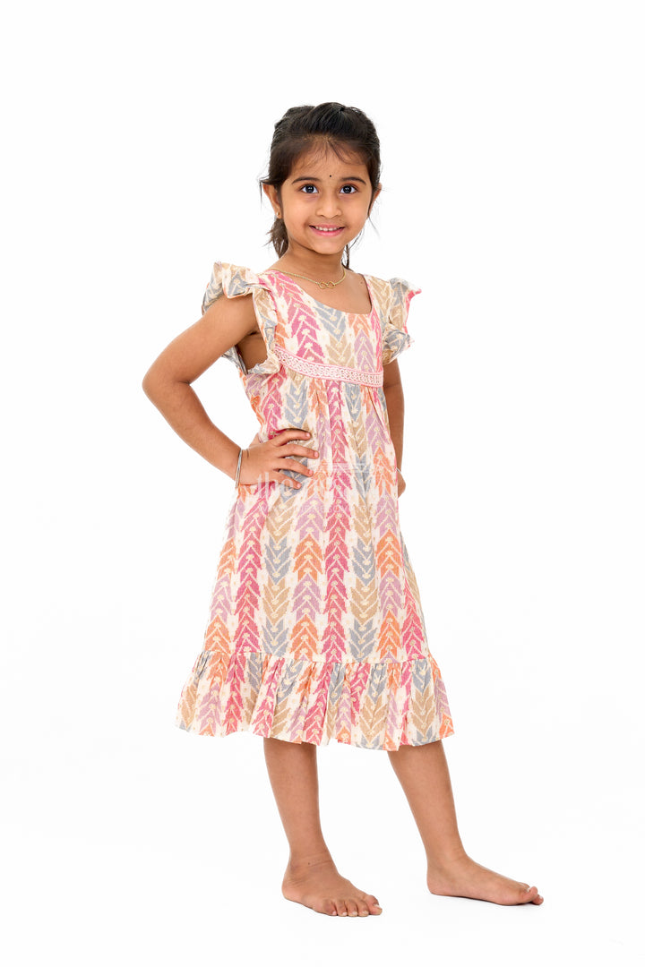 Elegant Girls Cotton Chikan Dress with Vibrant Chevron Print and Intricate Lace Details