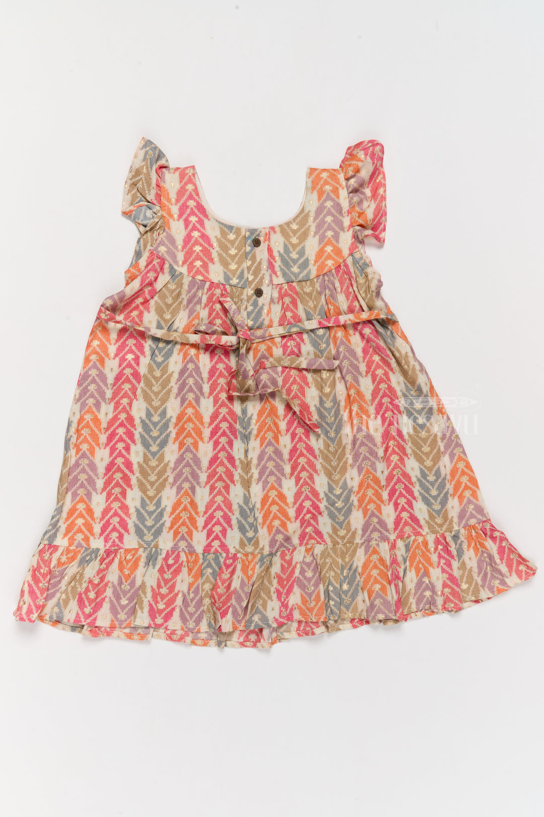 Elegant Girls Cotton Chikan Dress with Vibrant Chevron Print and Intricate Lace Details