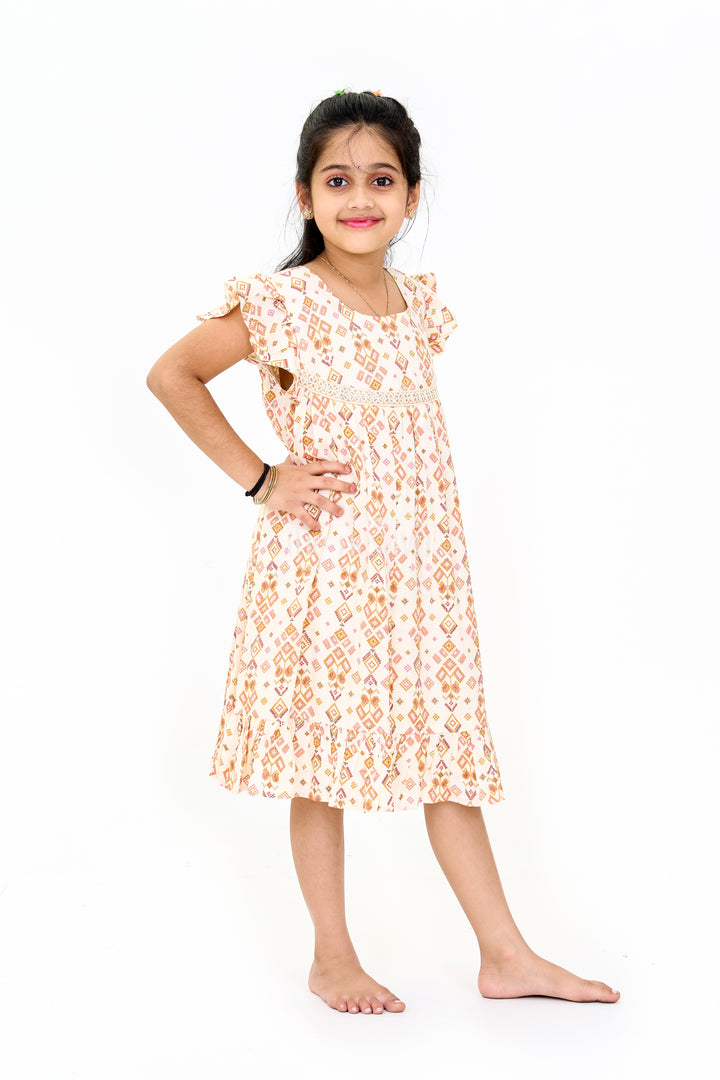 Elegant Girls Cotton Dress Fashion with Geometric Print and Delicate Lace Design