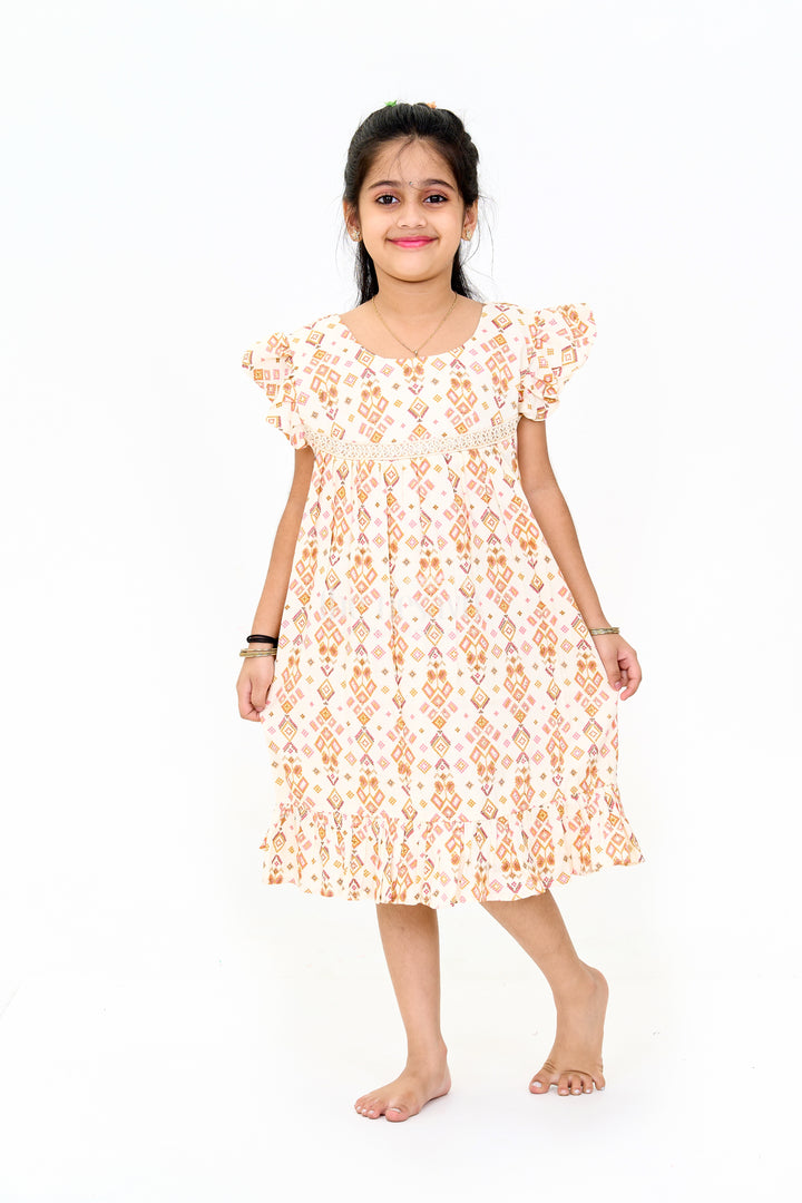 Elegant Girls Cotton Dress Fashion with Geometric Print and Delicate Lace Design