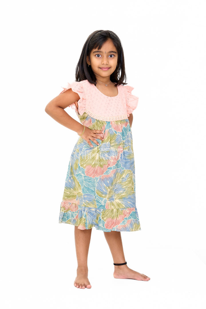 Trendy Girls Cotton New Dress with Vibrant Leaf Print and Lace Yoke