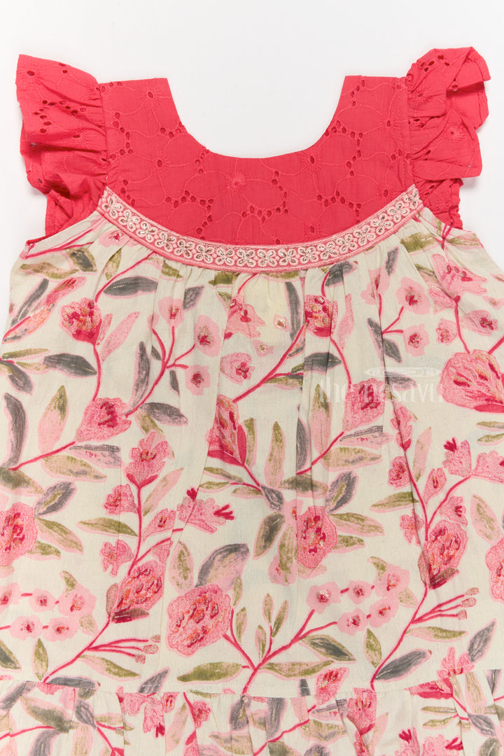 Charming Girls Cotton Lined Dress with Floral Print and Elegant Lace Detailing