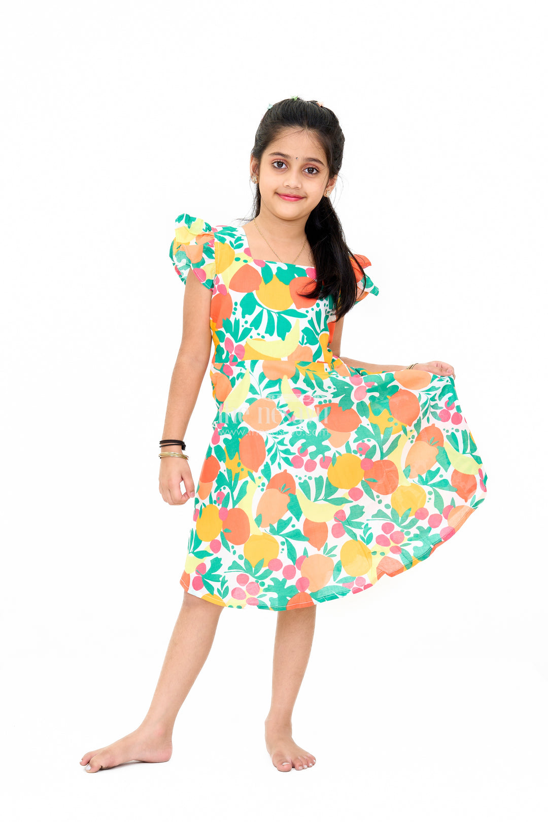 Vibrant Girls Cotton Ki Gown with Bold Fruit Print and Flutter Sleeves