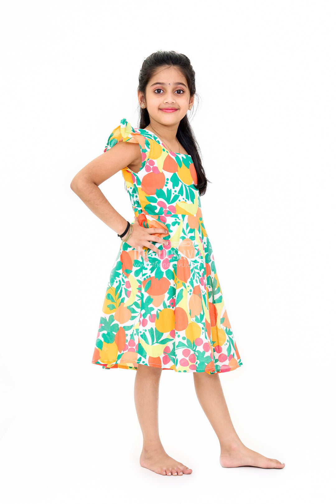 Vibrant Girls Cotton Ki Gown with Bold Fruit Print and Flutter Sleeves