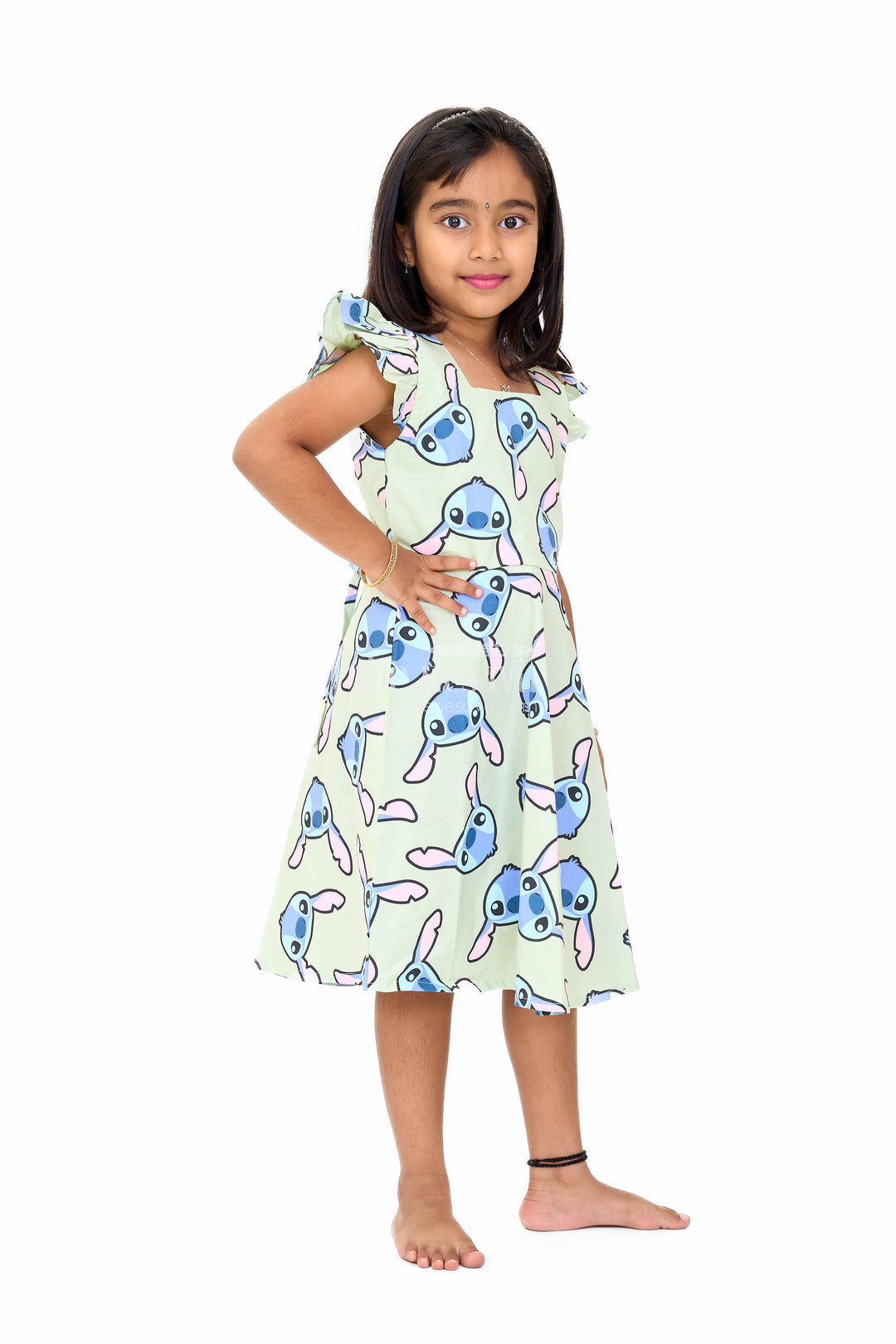 Adorable Girls Pure Cotton Frock with Playful Cartoon Print and Cap Sleeves