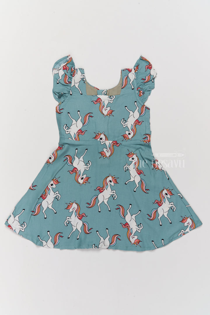 Stylish Girls Cotton Straight Dress with Unicorn Print and Ruffled Sleeves