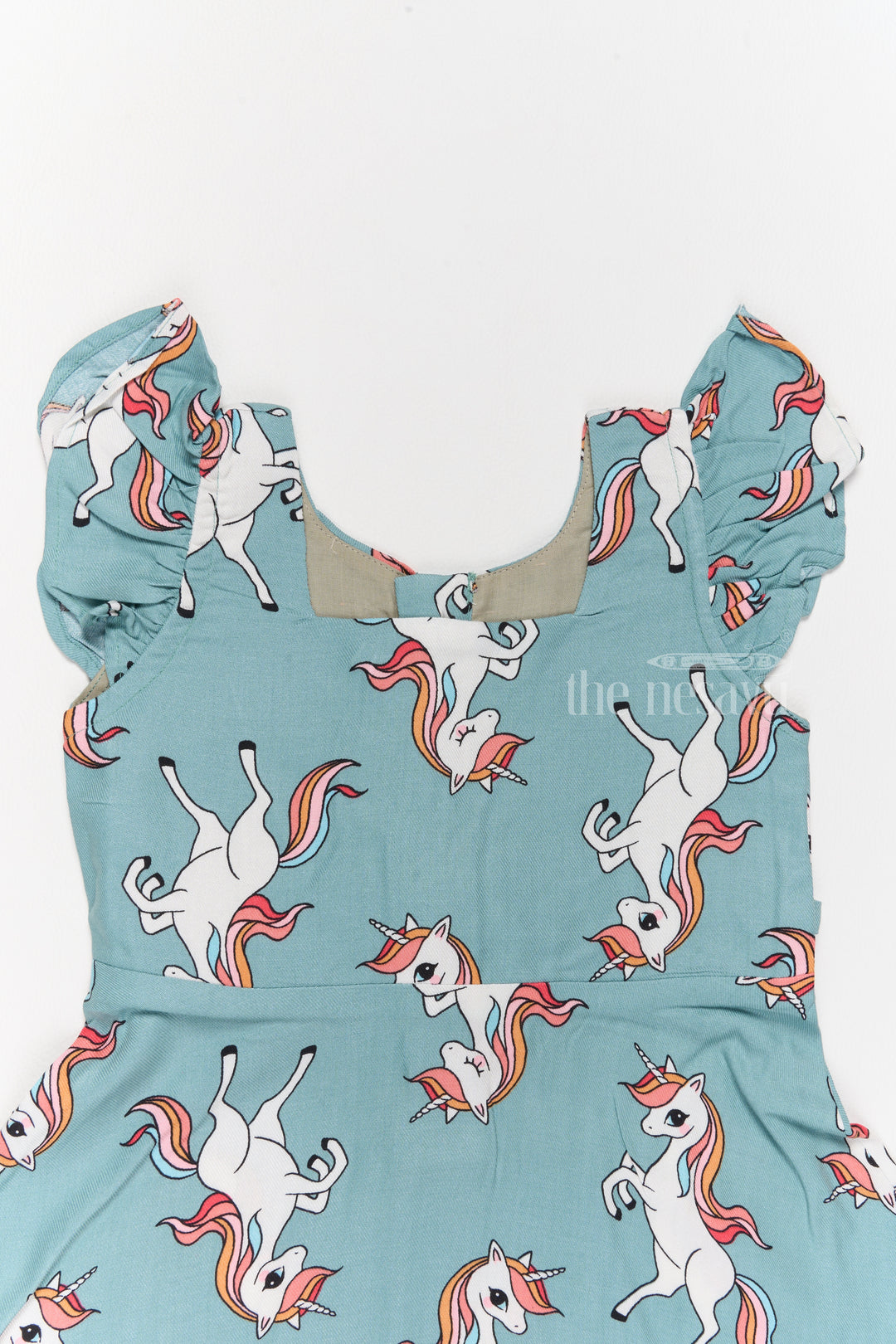 Stylish Girls Cotton Straight Dress with Unicorn Print and Ruffled Sleeves