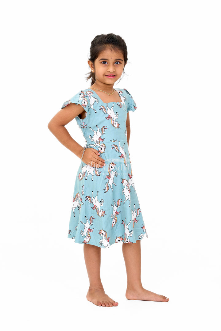 Stylish Girls Cotton Straight Dress with Unicorn Print and Ruffled Sleeves