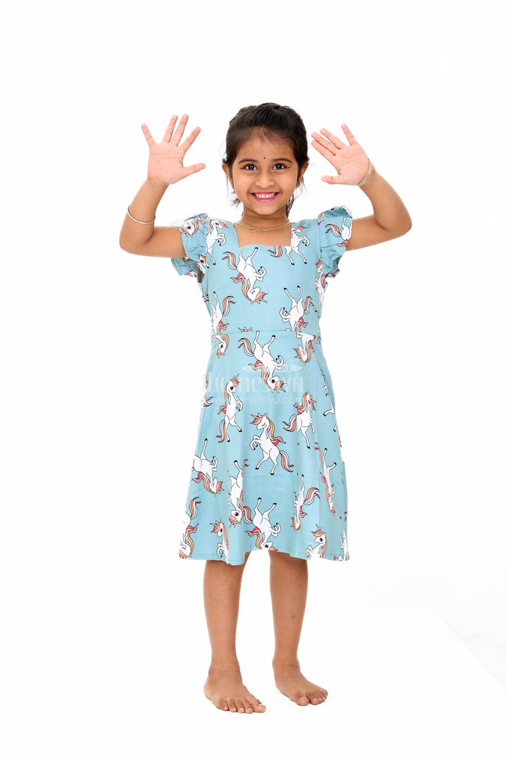 Stylish Girls Cotton Straight Dress with Unicorn Print and Ruffled Sleeves