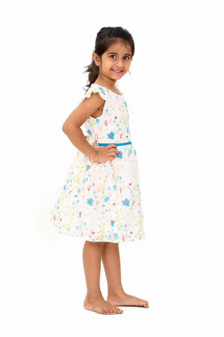 Girls Cotton Fancy Frock with Embroidered Floral Patterns and Flutter Sleeves