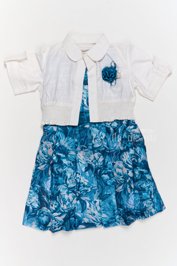 Girls Chiffon Easter Dress with Blue Floral Satin Skirt and Cropped Shrug