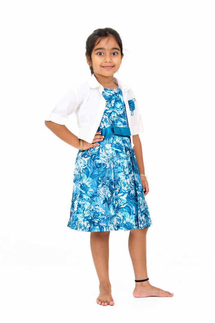 Girls Chiffon Easter Dress with Blue Floral Satin Skirt and Cropped Shrug