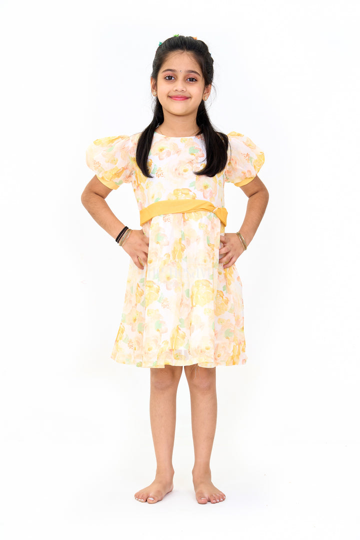 Girls Fancy Party Dress with Yellow Floral Georgette Design and Puff Sleeves