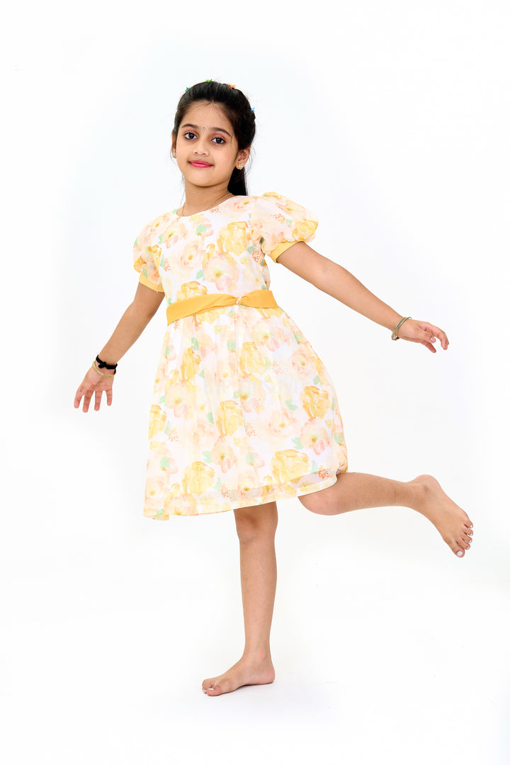 Girls Fancy Party Dress with Yellow Floral Georgette Design and Puff Sleeves