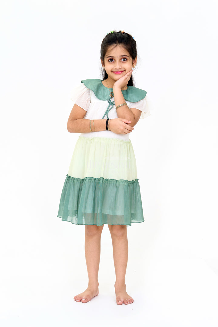 Girls Fancy Gown with Green Tiered Skirt and Oversized Collar