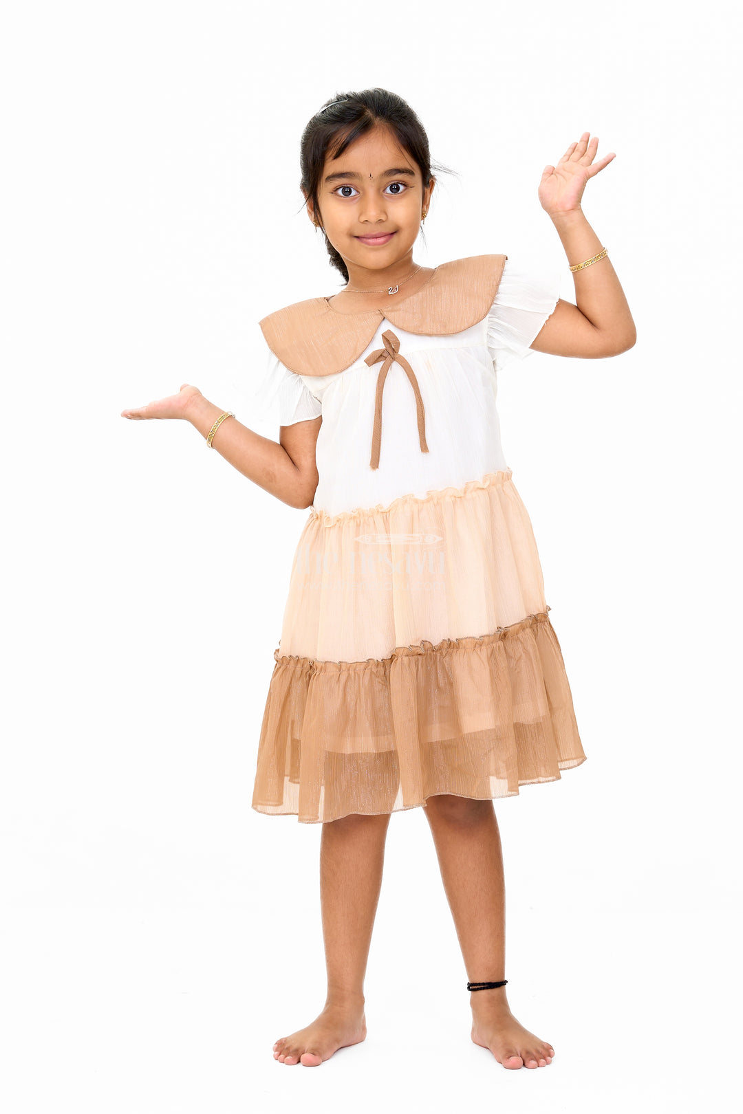 Girls Fancy Gown Party Wear with Brown Tiered Skirt and Oversized Collar