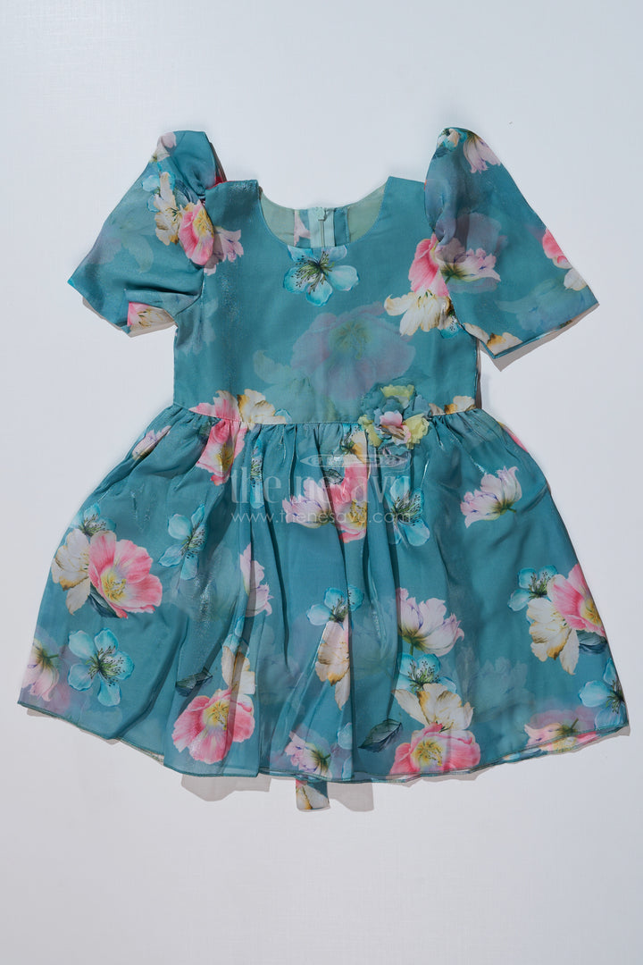 Girls Casual Birthday Dress with Green Floral Print and Puff Sleeves