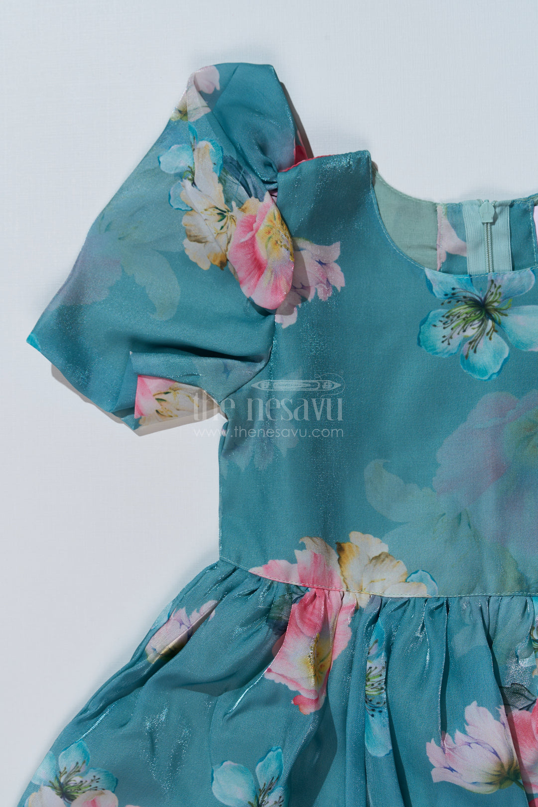 Trendy Girls Floral Long Frock in Aqua Green Printed Organza with Puff Sleeves