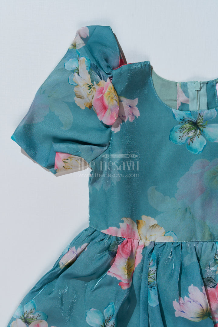 Girls Casual Birthday Dress with Green Floral Print and Puff Sleeves