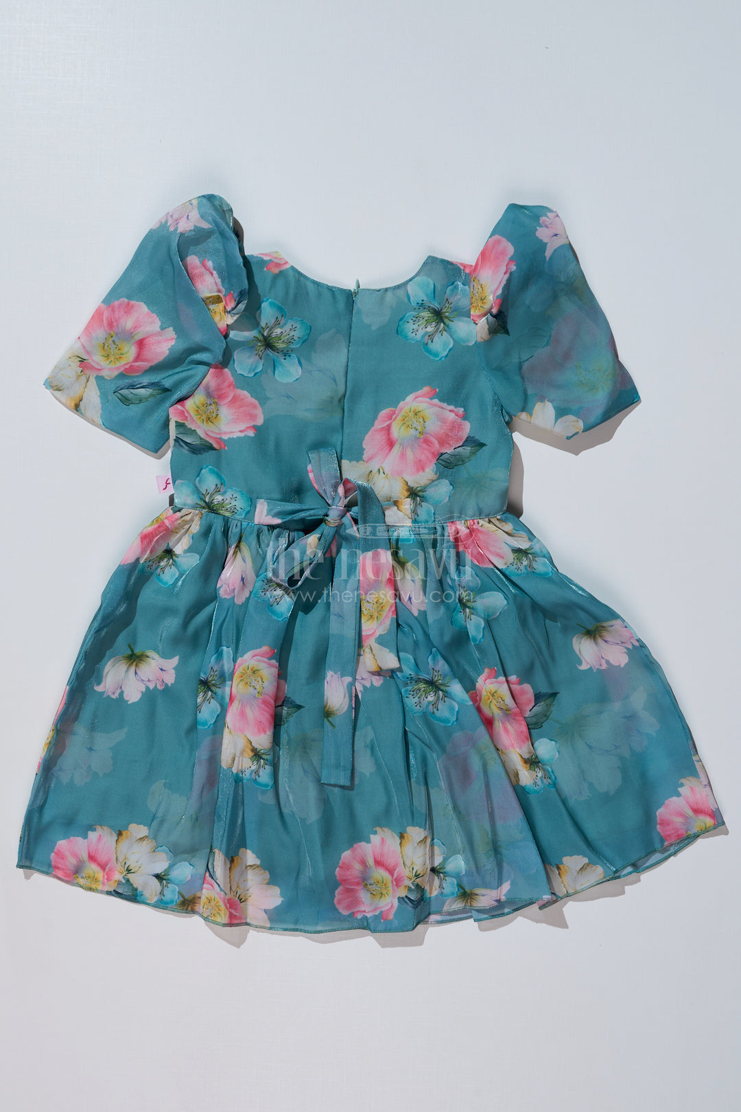 Girls Casual Birthday Dress with Green Floral Print and Puff Sleeves