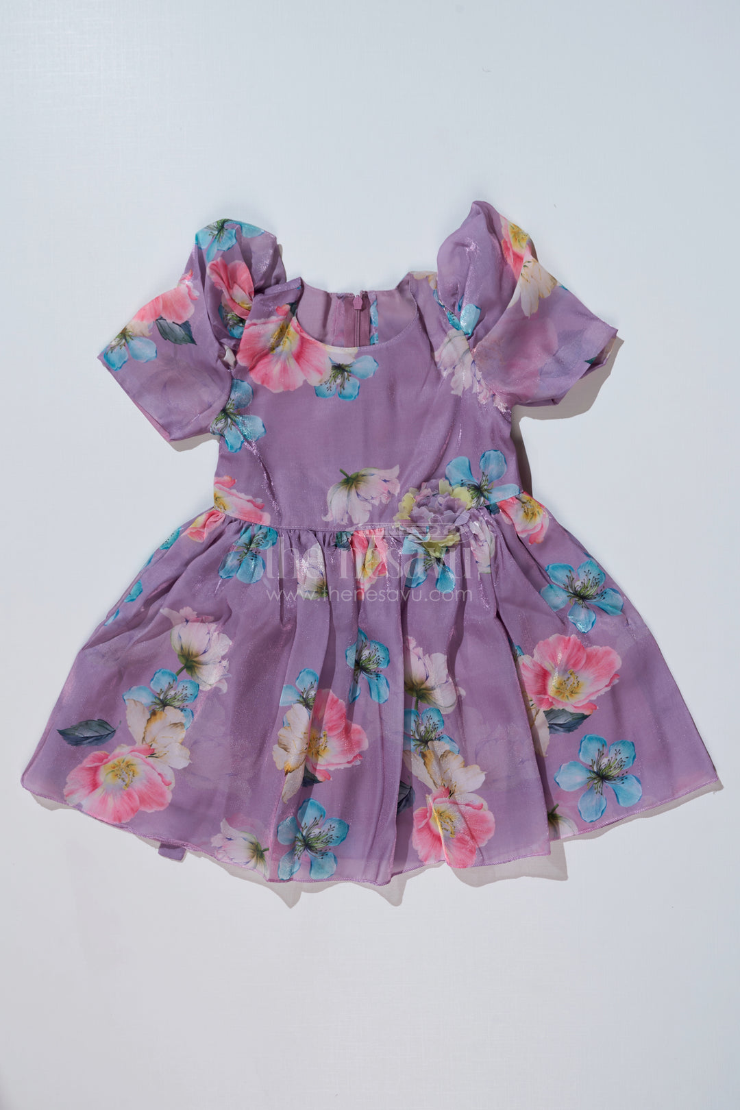 Girls Cute Casual Chiffon Dress with Lilac Floral Print and Puff Sleeves