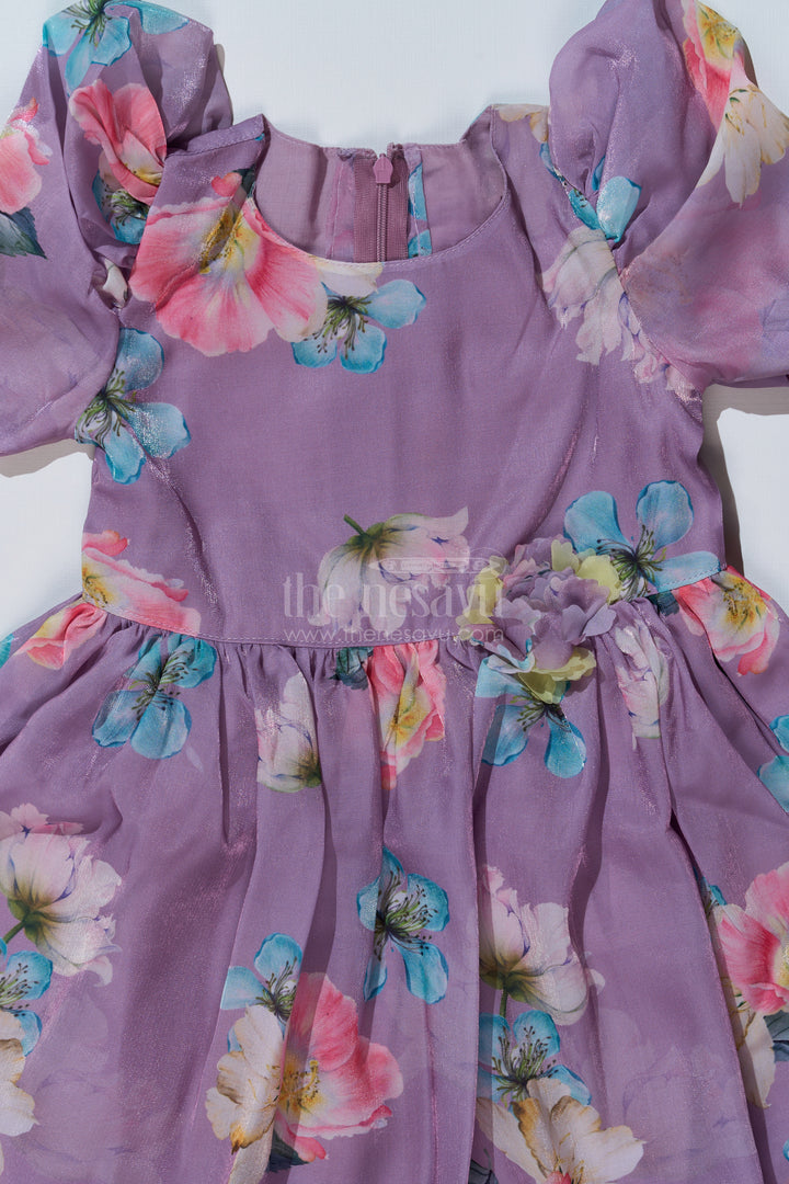 Girls Cute Casual Chiffon Dress with Lilac Floral Print and Puff Sleeves