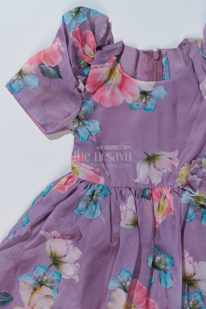 Girls Cute Casual Chiffon Dress with Lilac Floral Print and Puff Sleeves