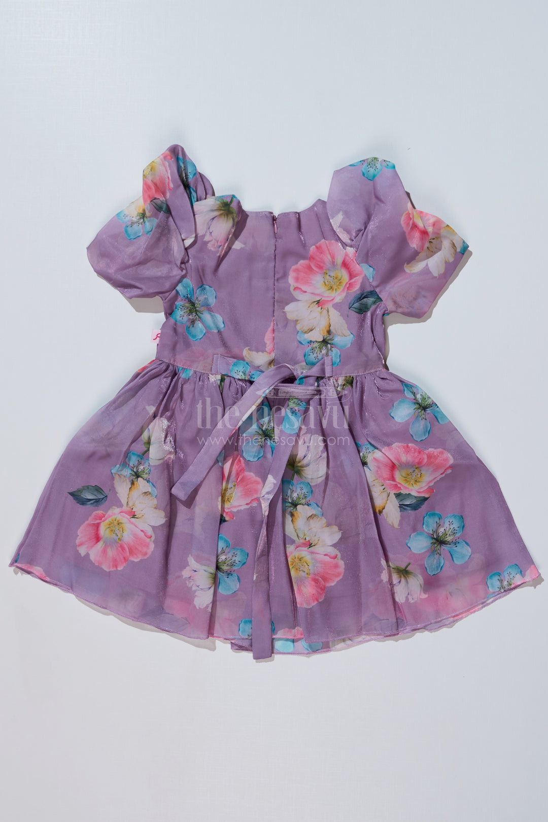 Girls Cute Casual Chiffon Dress with Lilac Floral Print and Puff Sleeves