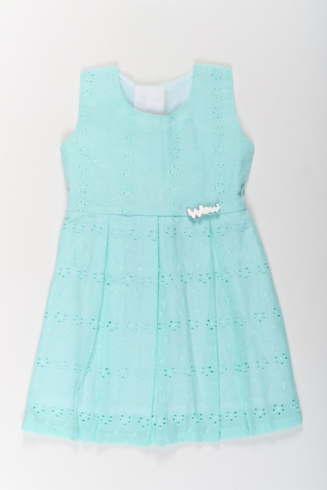 Girls Fancy Long Cotton Frock in Light Blue with Eyelet Embroidery