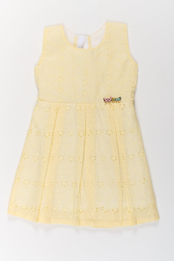 Girls Normal Cotton Frock in Yellow with Delicate Eyelet Embroidery