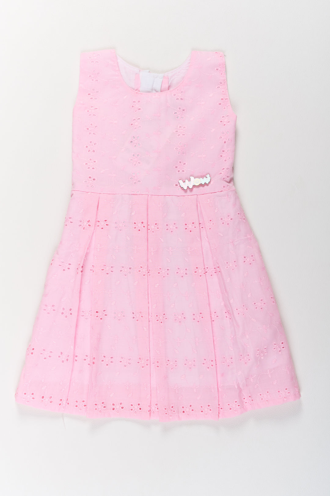 Girls Cotton Dress Short in Pink with Elegant Eyelet Detailing