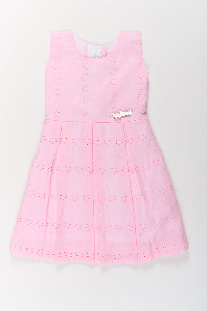 Girls Cotton Dress Short in Pink with Elegant Eyelet Detailing