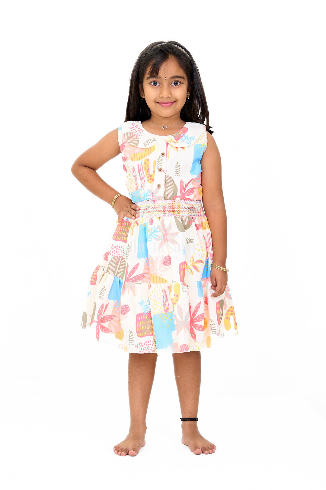 Girls Cotton Sleeveless Frock with Vibrant Prints and Peter Pan Collar