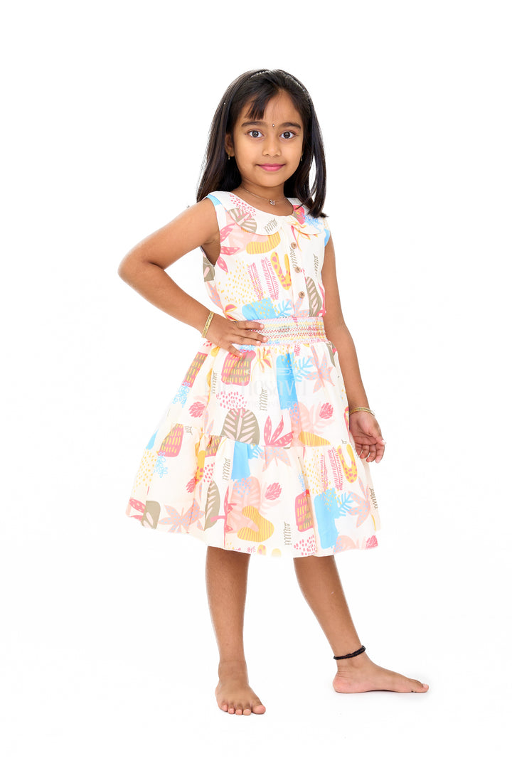 Girls Cotton Sleeveless Frock with Vibrant Prints and Peter Pan Collar