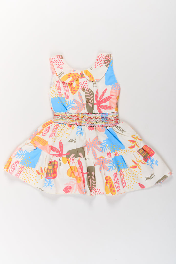 Girls Cotton A-Line Frock with Multicolor Prints and Smocked Waist