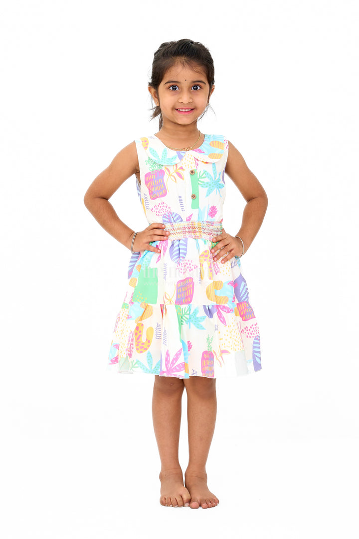 Girls Cotton A-Line Frock with Multicolor Prints and Smocked Waist