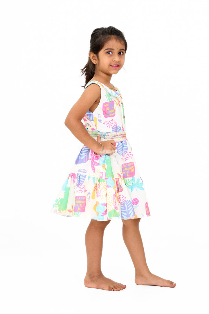 Girls Cotton A-Line Frock with Multicolor Prints and Smocked Waist