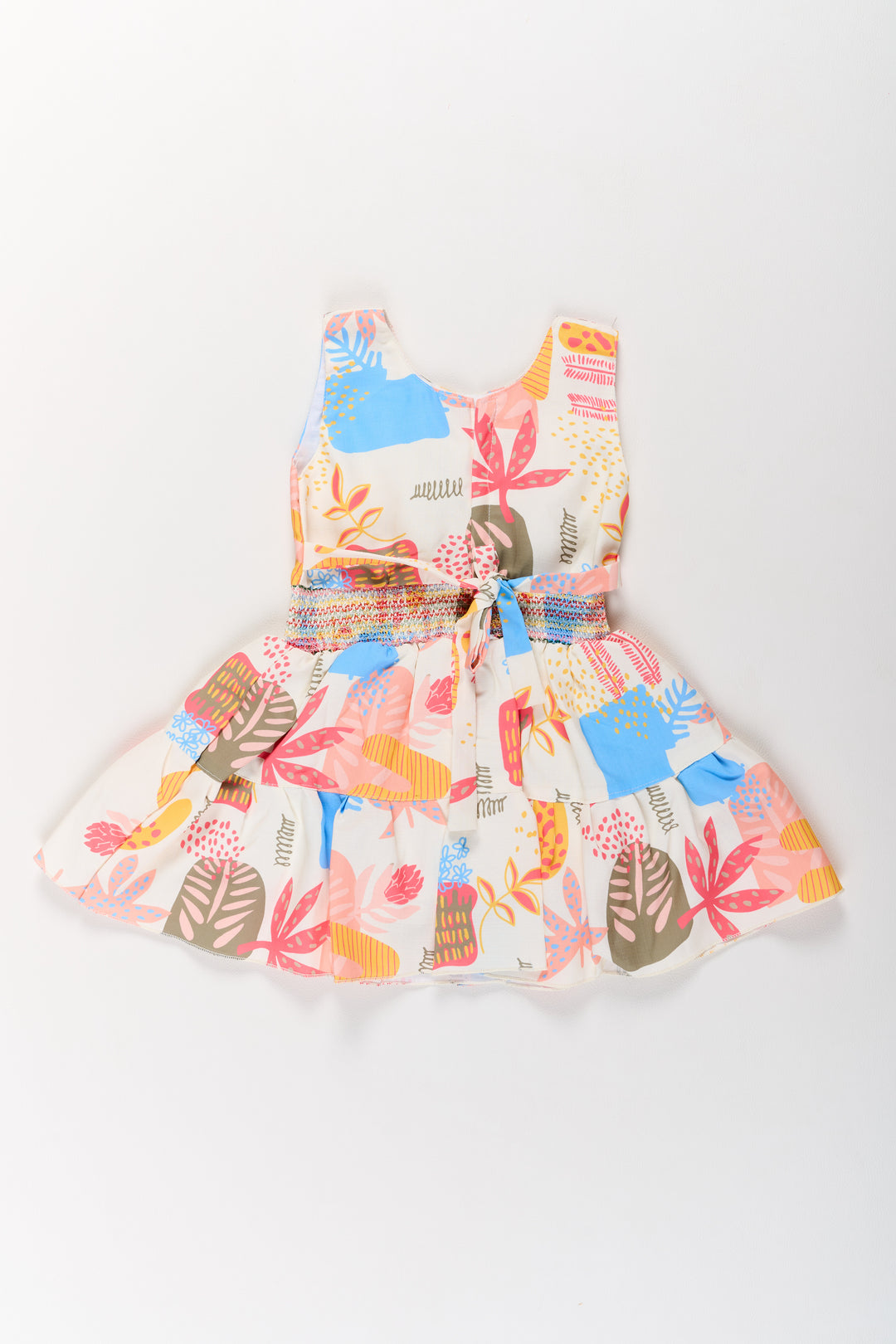 Girls Cotton A-Line Frock with Multicolor Prints and Smocked Waist