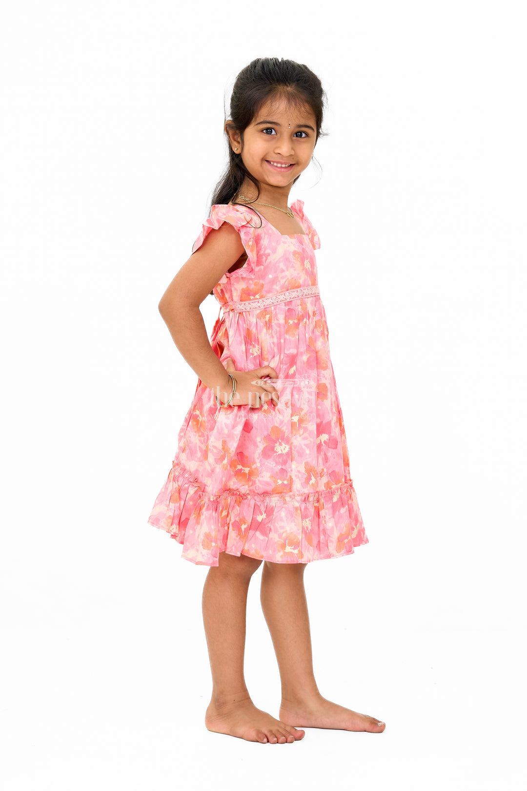 Simple Cotton Frocks for Babies in Pink with Ruffled Hem and Floral Print