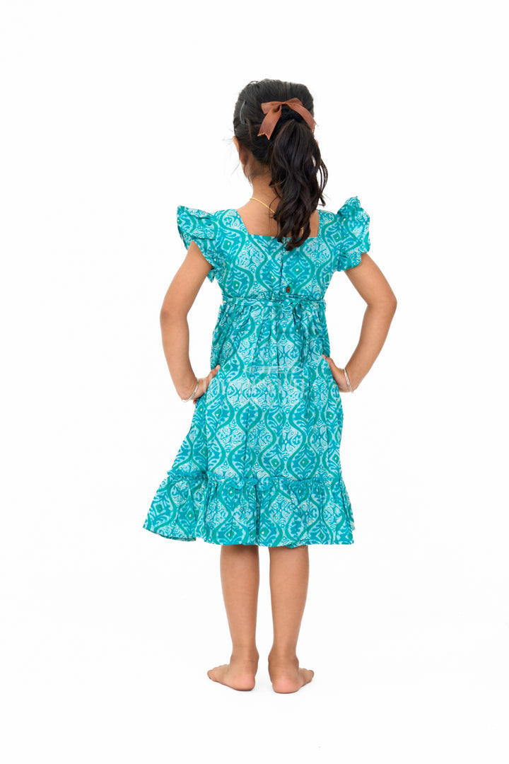 Ruffled Babydoll Mini Dress for Girls in Teal with Intricate Print