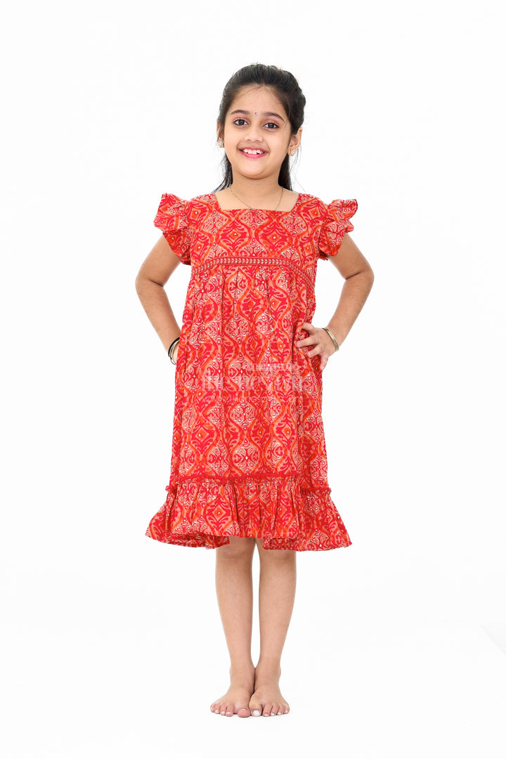 Babyhug Cotton Frock in Red with Intricate Patterns and Ruffled Hem