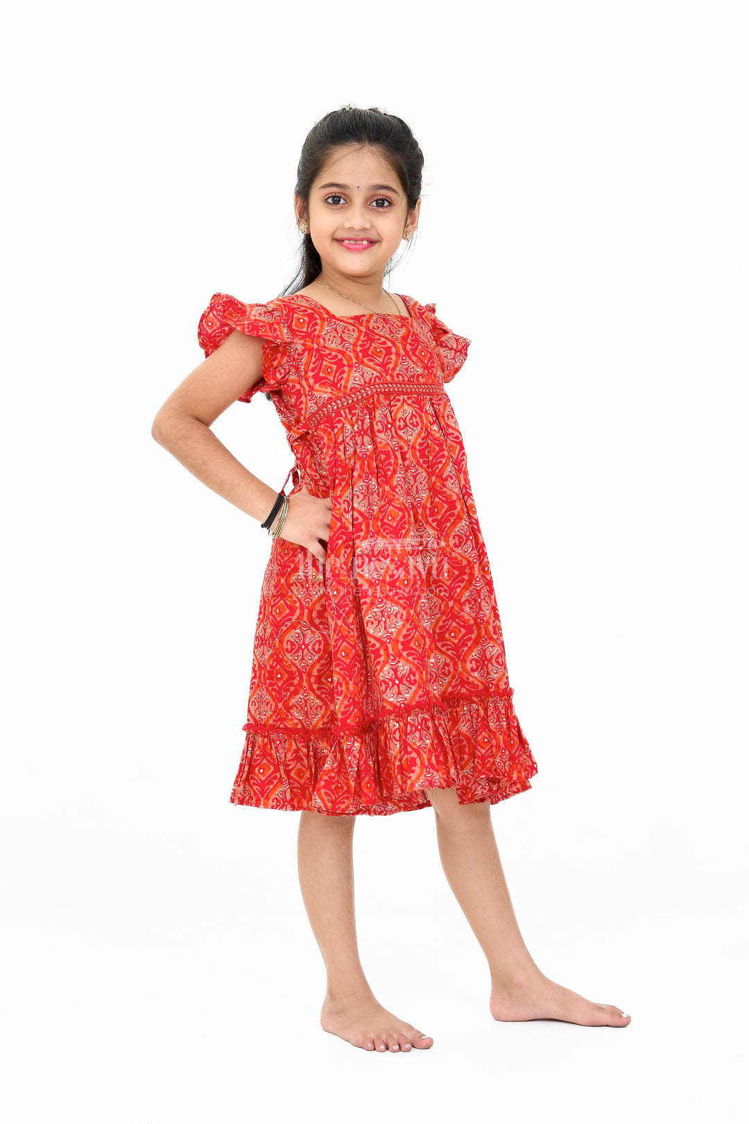 Babyhug Cotton Frock in Red with Intricate Patterns and Ruffled Hem