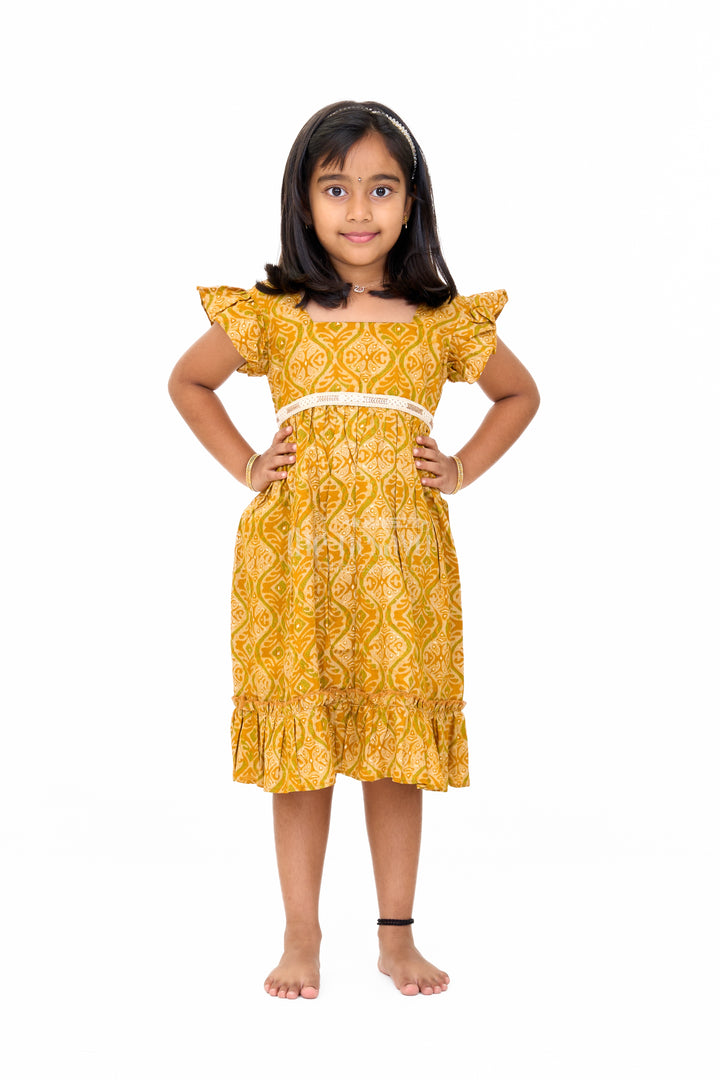 Solid Cotton Dress for Girls in Mustard with Ruffle and Lace Details