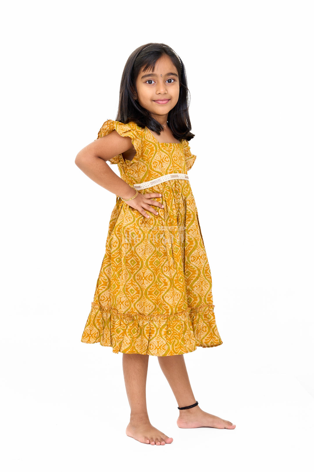 Solid Cotton Dress for Girls in Mustard with Ruffle and Lace Details