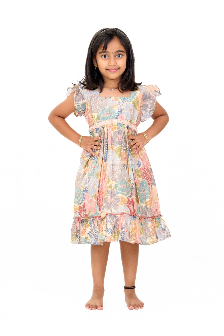 Cotton Gown for Party in Multicolor Floral Design with Ruffled Details