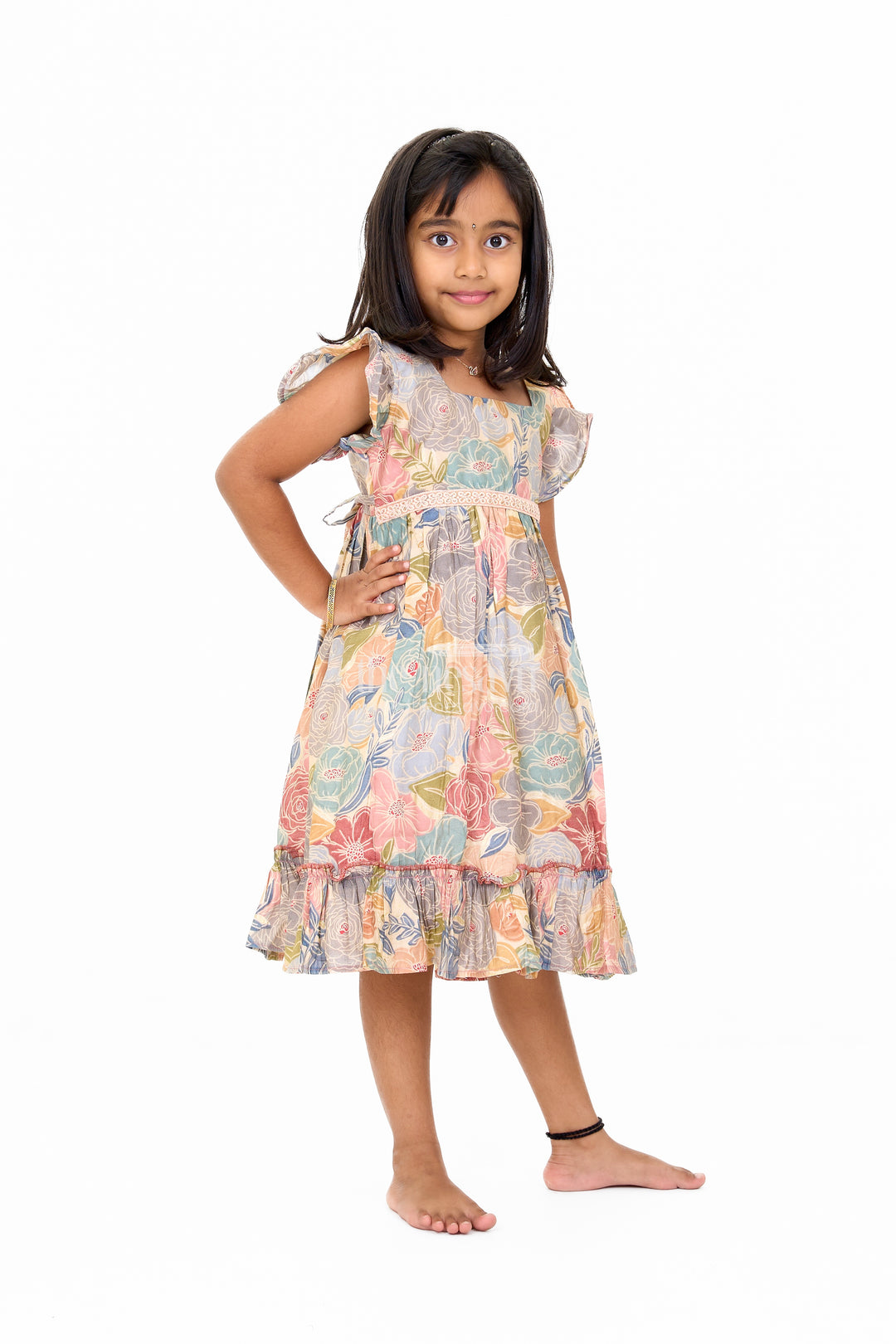 Cotton Gown for Party in Multicolor Floral Design with Ruffled Details