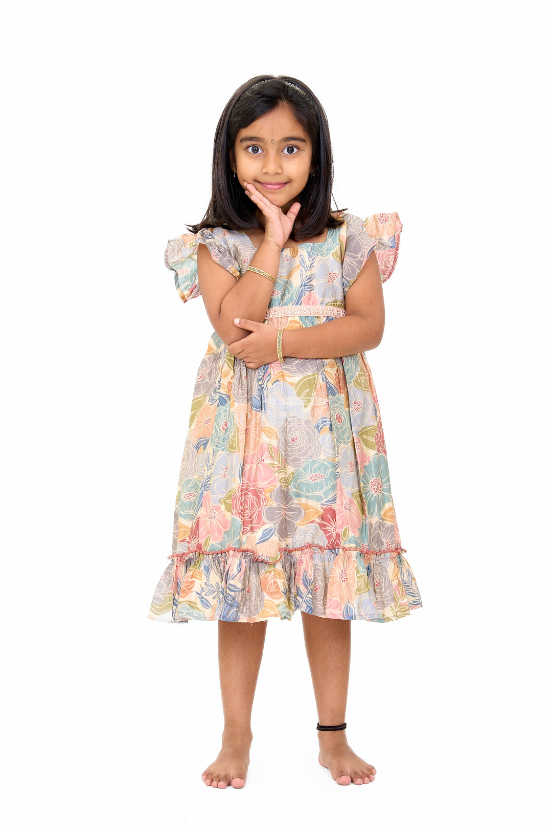 Cotton Gown for Party in Multicolor Floral Design with Ruffled Details