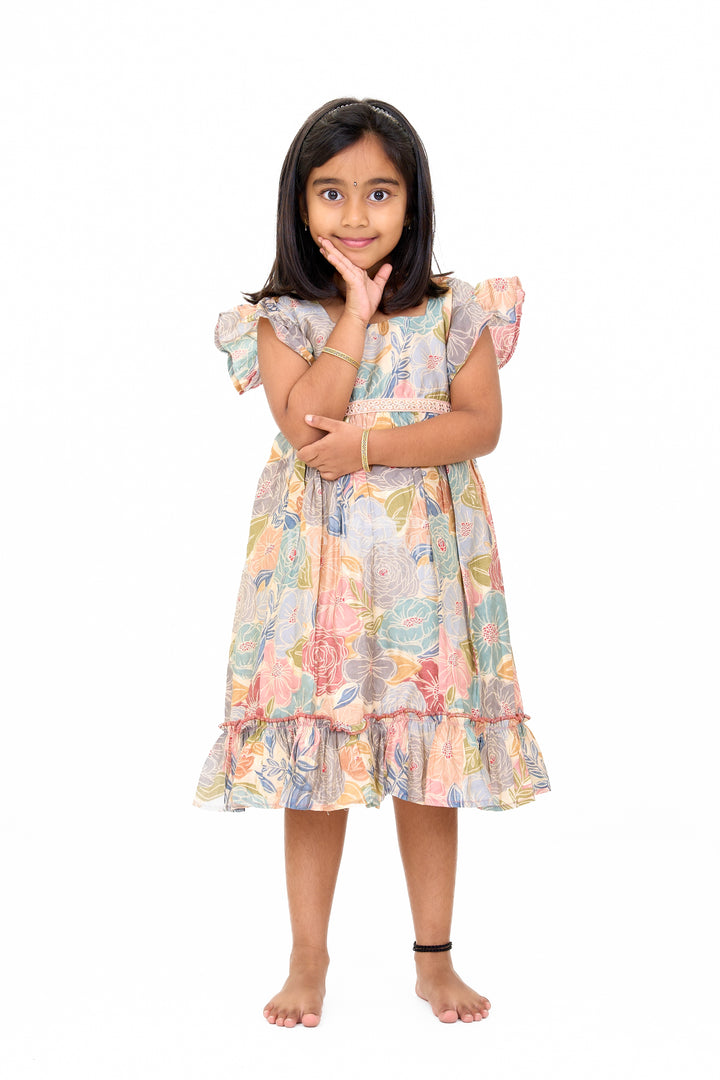 Cotton Gown for Party in Multicolor Floral Design with Ruffled Details