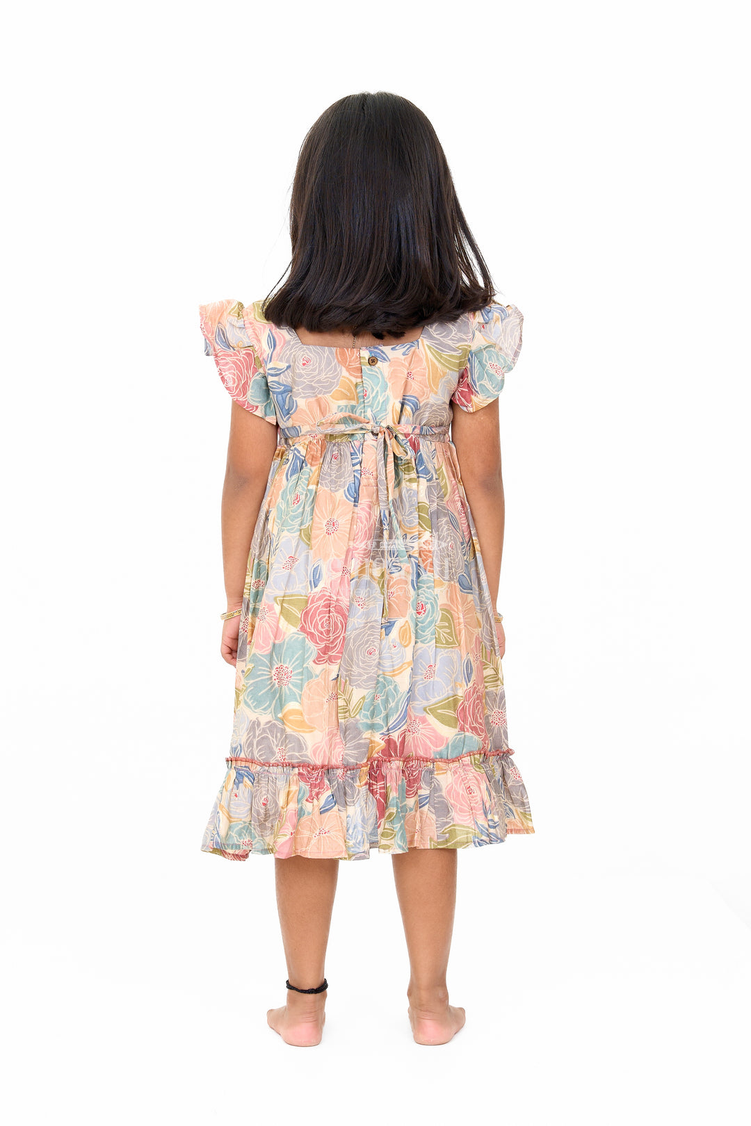 Cotton Gown for Party in Multicolor Floral Design with Ruffled Details